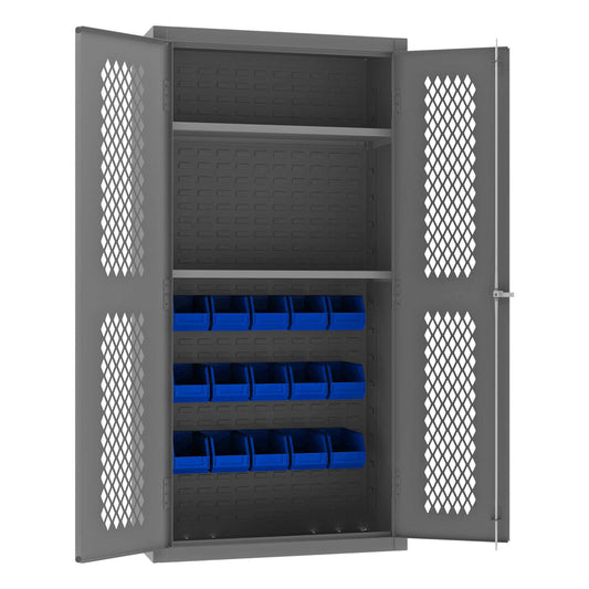 Durham EMDC36182S15B5295 VENTILATED CABINET, 14 GAUGE, 2 SHELVES, 15 BLUE BIN , 36 X 18 X 72