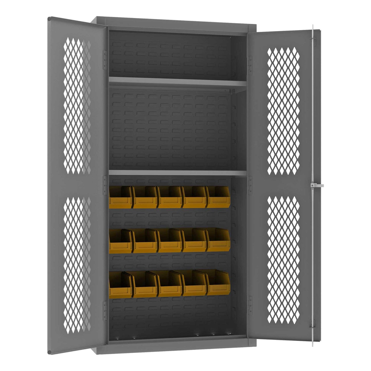 Durham EMDC36182S15B95 VENTILATED CABINET, 14 GAUGE, 2 SHELVES, 15 YELLOW BINS , 36 X 18 X 72