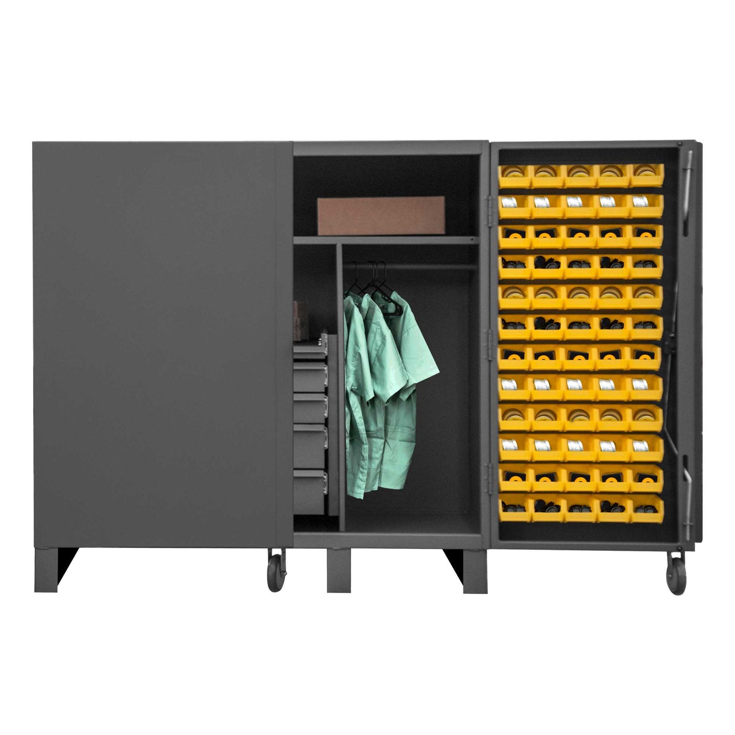 Durham HDC60-72DC18TB5B95 CABINET, 12 GAUGE, 2 SHELVES, 60 BINS, 18 TILT-BINS, 4 DRAWER, WARDROBE BAR, 60 X 36 X 60