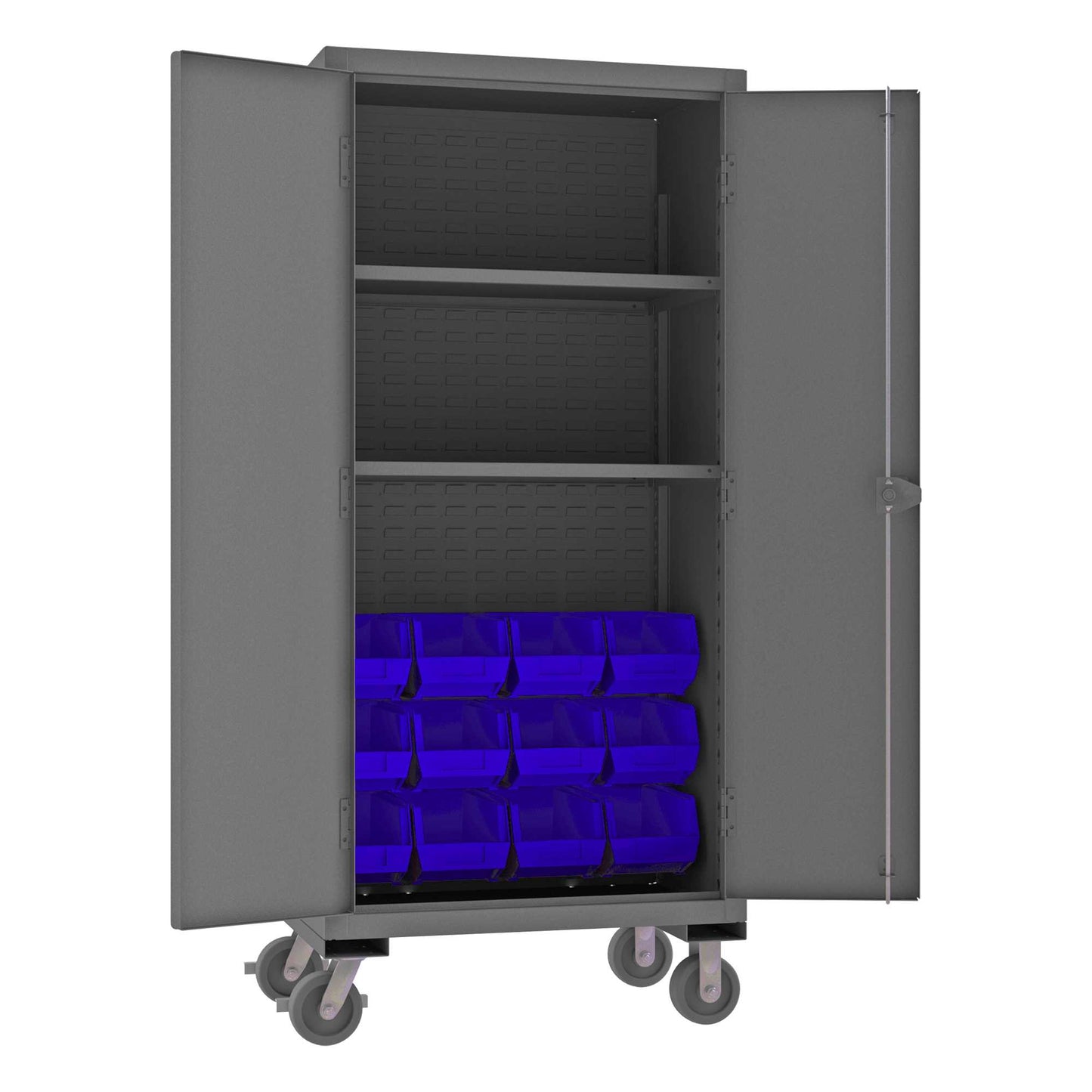 Durham HDCM36-12-2S5295 MOBILE CABINET, 12 GAUGE, 2 SHELVES, 12 BLUE BINS , 36 X 24 X 81