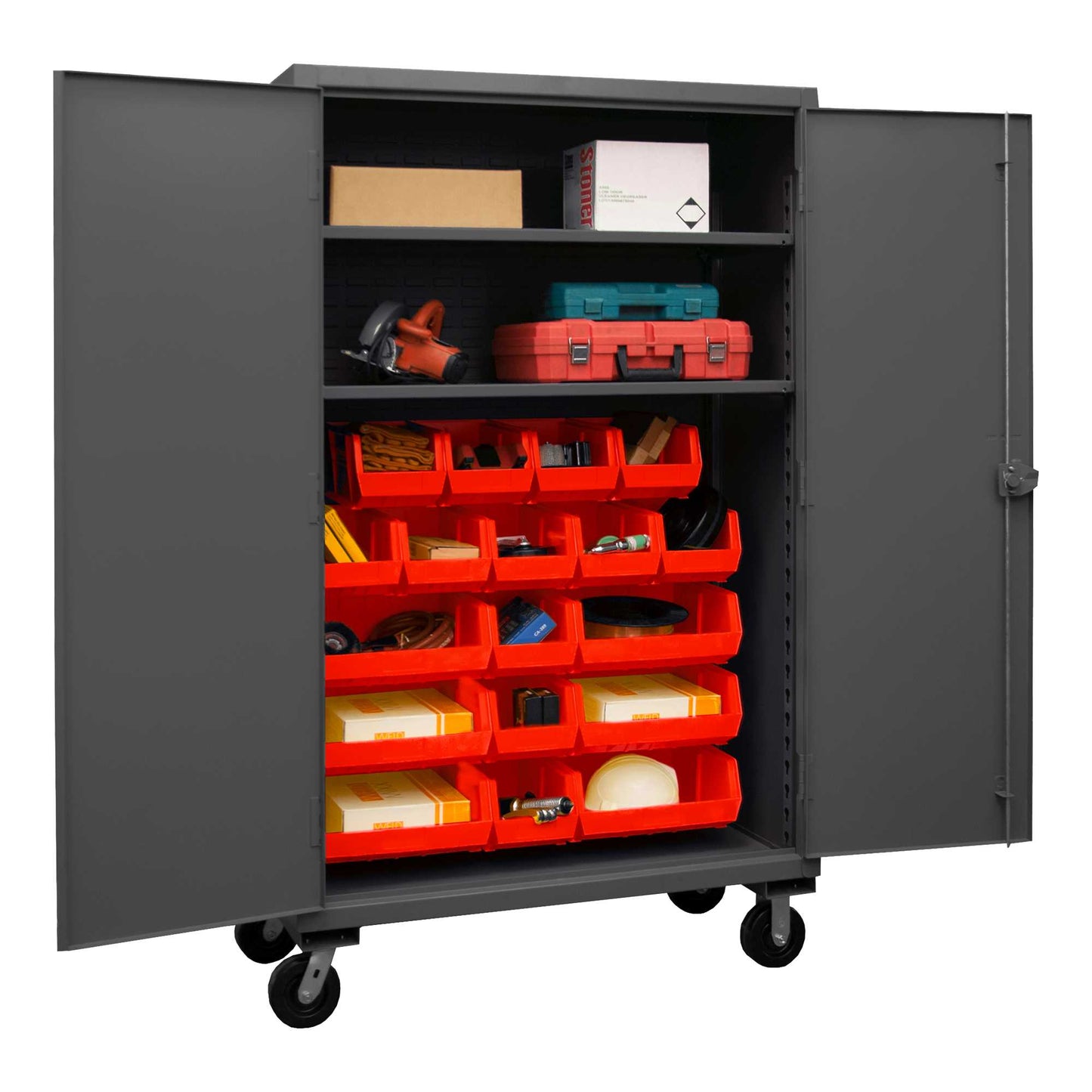 Durham HDCM48-18-2S1795 MOBILE CABINET, 12 GAUGE, 2 SHELF, 18 RED BINS , 48 X 24 X 81