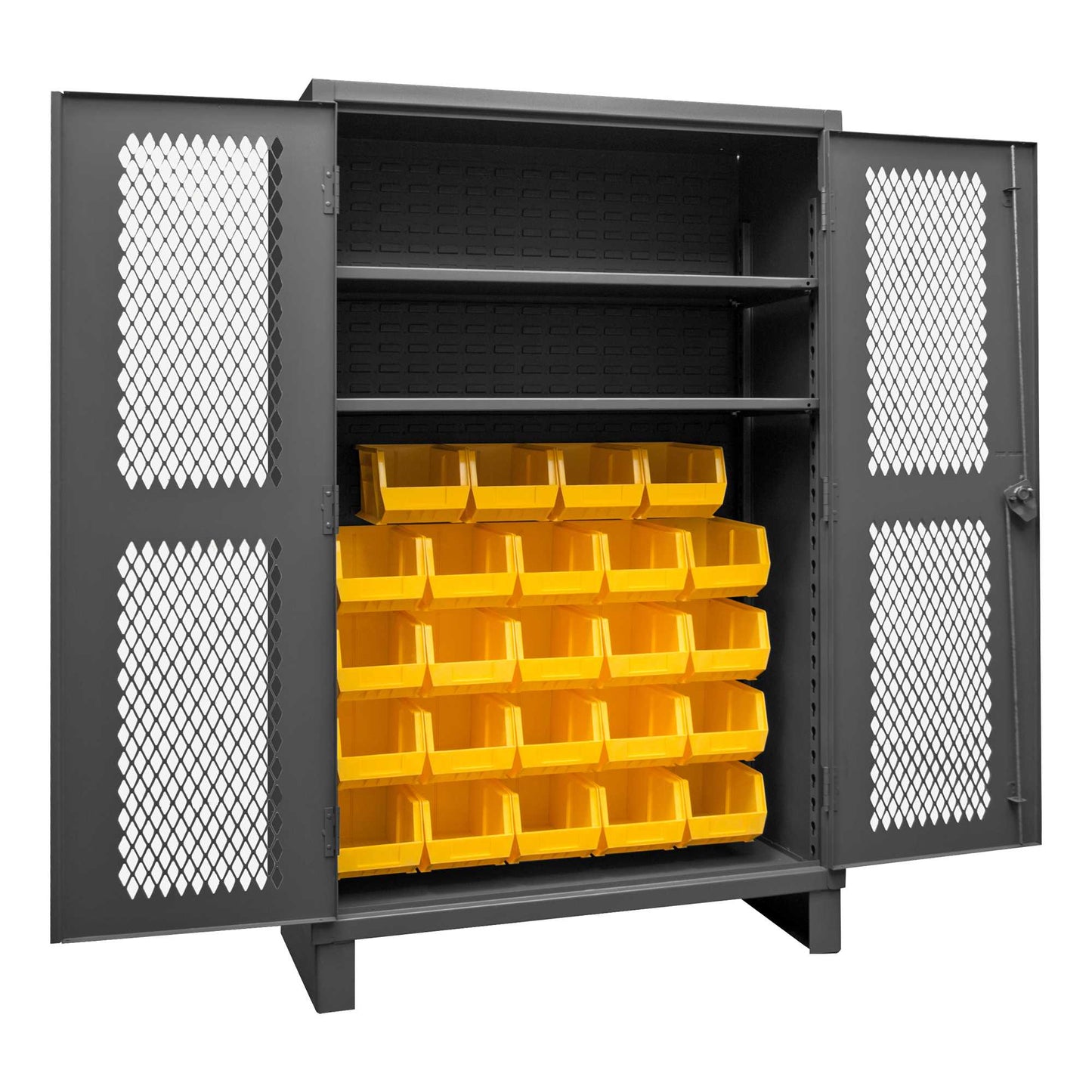 Durham HDCV48-24B-2S95 VENTILATED CABINET, 12 GAUGE, 2 SHELVES, 24 YELLOW BINS , 48 X 24 X 78