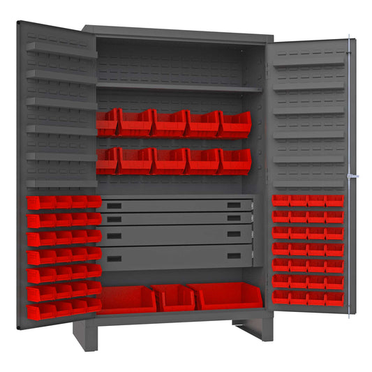 Durham JCBDLP694RDR-1795 CABINET, 14 GAUGE, 4 DRAWER, 12 DOOR SHELVES, 69 RED BINS , 48 X 24 X 78