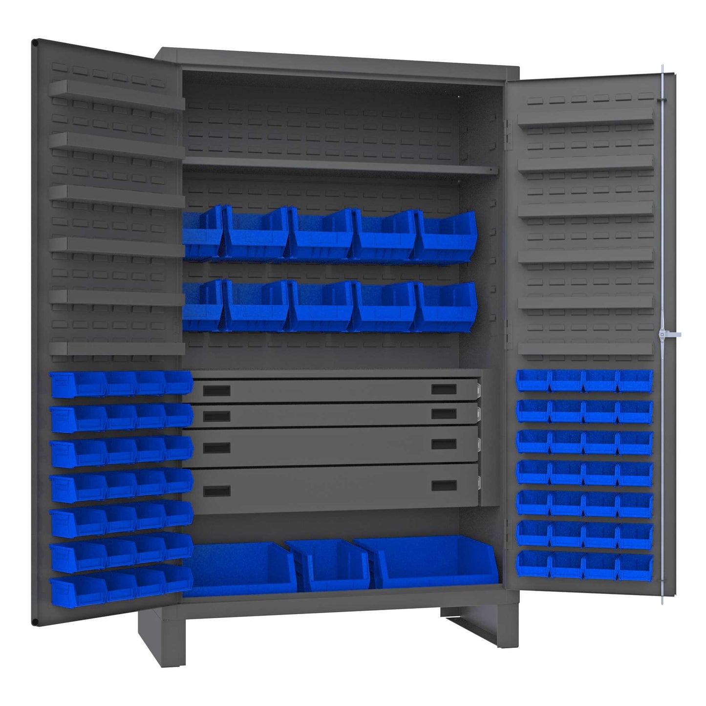 Durham JCBDLP694RDR-5295 CABINET, 14 GAUGE, 4 DRAWER, 12 DOOR SHELVES, 69 BLUE BINS , 48 X 24 X 78