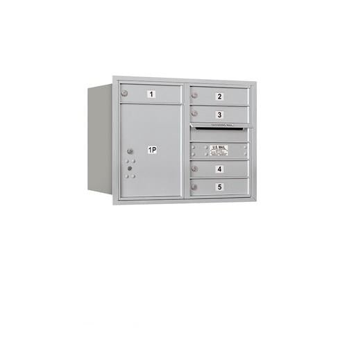 Mailboxes 3706D-05ARP Salsbury 6 Door High Recessed Mounted 4C Horizontal Mailbox with 5 Doors and 1 Parcel Locker in Aluminum with Private Access - Rear Loading