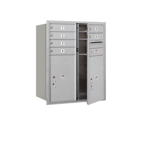 Mailboxes 3710D-06AFP Salsbury 10 Door High Recessed Mounted 4C Horizontal Mailbox with 6 Doors and 2 Parcel Lockers in Aluminum with Private Access - Front Loading