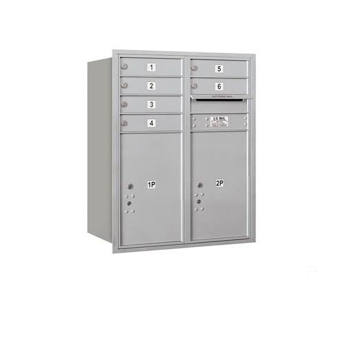 Mailboxes 3710D-06ARP Salsbury 10 Door High Recessed Mounted 4C Horizontal Mailbox with 6 Doors and 2 Parcel Lockers in Aluminum with Private Access - Rear Loading