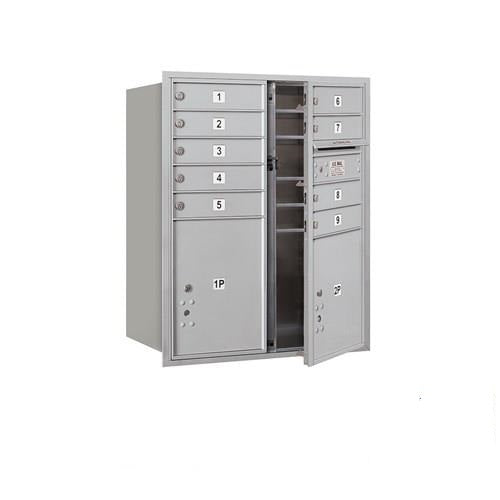 Mailboxes 3710D-09AFP Salsbury 10 Door High Recessed Mounted 4C Horizontal Mailbox with 9 Doors and 2 Parcel Lockers in Aluminum with Private Access - Front Loading