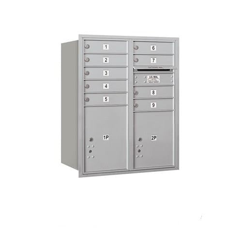 Mailboxes 3710D-09ARP Salsbury 10 Door High Recessed Mounted 4C Horizontal Mailbox with 9 Doors and 2 Parcel Lockers in Aluminum with Private Access - Rear Loading