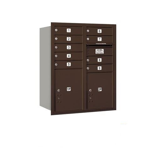 Mailboxes 3710D-09ZRP Salsbury 10 Door High Recessed Mounted 4C Horizontal Mailbox with 9 Doors and 2 Parcel Lockers in Bronze with Private Zccess - Rear Loading