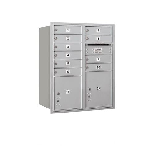 Mailboxes 3710D-10ARP Salsbury 10 Door High Recessed Mounted 4C Horizontal Mailbox with 10 Doors and 2 Parcel Lockers in Aluminum with Private Access - Rear Loading