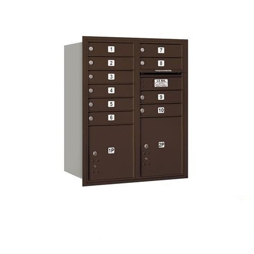 Mailboxes 3710D-10ZRP Salsbury 10 Door High Recessed Mounted 4C Horizontal Mailbox with 10 Doors and 2 Parcel Lockers in Bronze with Private Zccess - Rear Loading