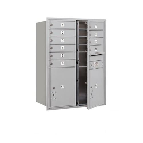 Mailboxes 3711D-10AFP Salsbury 11 Door High Recessed Mounted 4C Horizontal Mailbox with 10 Doors and 2 Parcel Lockers in Aluminum with Private Access - Front Loading