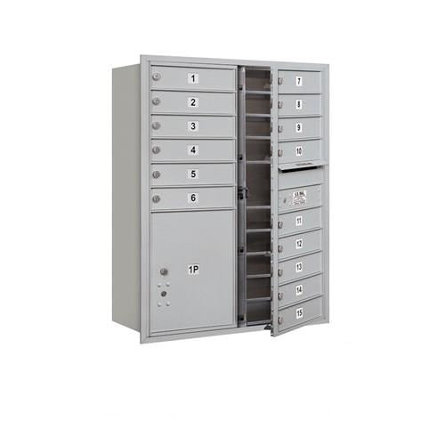 Mailboxes 3711D-15AFP Salsbury 11 Door High Recessed Mounted 4C Horizontal Mailbox with 15 Doors and 1 Parcel Locker in Aluminum with Private Access - Front Loading