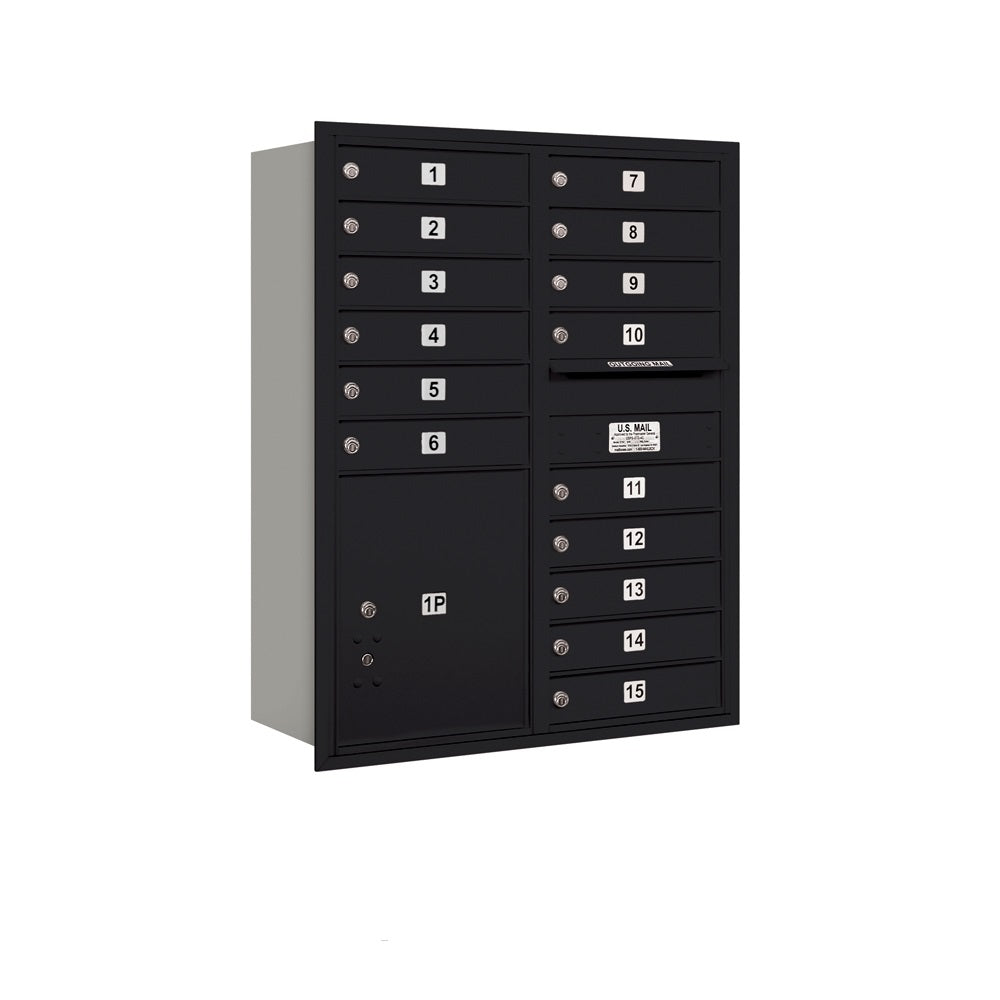 Mailboxes 3711D-15BRP Salsbury 11 Door High Recessed Mounted 4C Horizontal Mailbox with 15 Doors and 1 Parcel Locker in Black with Private Bccess - Rear Loading