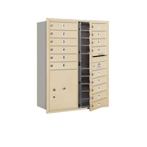 Mailboxes 3711D-15SFP Salsbury 11 Door High Recessed Mounted 4C Horizontal Mailbox with 15 Doors and 1 Parcel Locker in Sandstone with Private Sccess - Front Loading