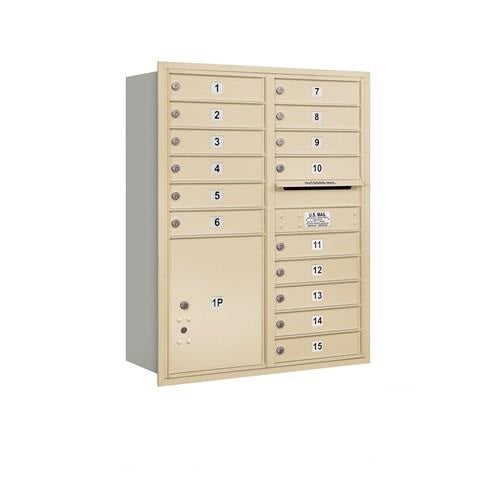 Mailboxes 3711D-15SRP Salsbury 11 Door High Recessed Mounted 4C Horizontal Mailbox with 15 Doors and 1 Parcel Locker in Sandstone with Private Sccess - Rear Loading