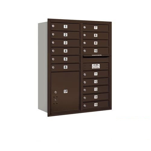 Mailboxes 3711D-15ZRP Salsbury 11 Door High Recessed Mounted 4C Horizontal Mailbox with 15 Doors and 1 Parcel Locker in Bronze with Private Zccess - Rear Loading