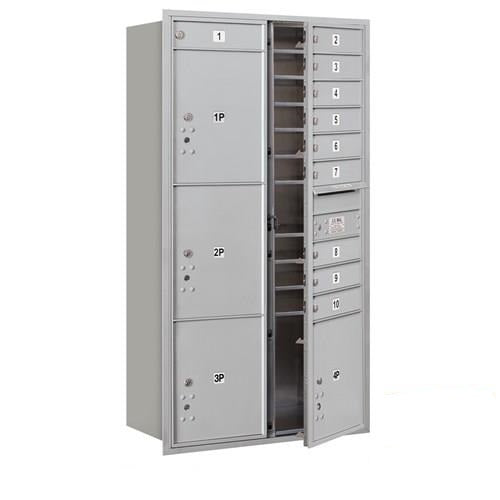 Mailboxes 3716D-10AFP Salsbury Maximum Height Recessed Mounted 4C Horizontal Mailbox with 10 Doors and 4 Parcel Lockers in Aluminum with Private Access - Front Loading