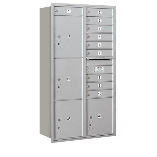 Mailboxes 3716D-10ARU Salsbury Maximum Height Recessed Mounted 4C Horizontal Mailbox with 10 Doors and 4 Parcel Lockers in Aluminum with USPS Access - Rear Loading