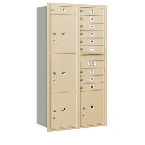 Mailboxes 3716D-10SRU Salsbury Maximum Height Recessed Mounted 4C Horizontal Mailbox with 10 Doors and 4 Parcel Lockers in Sandstone with USPS Sccess - Rear Loading