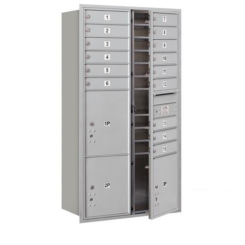 Mailboxes 3716D-15AFP Salsbury Maximum Height Recessed Mounted 4C Horizontal Mailbox with 15 Doors and 3 Parcel Lockers in Aluminum with Private Access - Front Loading