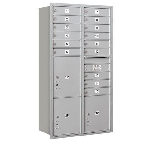 Mailboxes 3716D-15ARP Salsbury Maximum Height Recessed Mounted 4C Horizontal Mailbox with 15 Doors and 3 Parcel Lockers in Aluminum with Private Access - Rear Loading