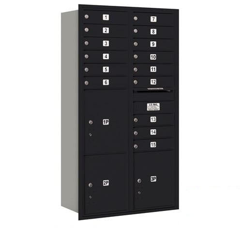 Mailboxes 3716D-15BRP Salsbury Maximum Height Recessed Mounted 4C Horizontal Mailbox with 15 Doors and 3 Parcel Lockers in Black with Private Bccess - Rear Loading