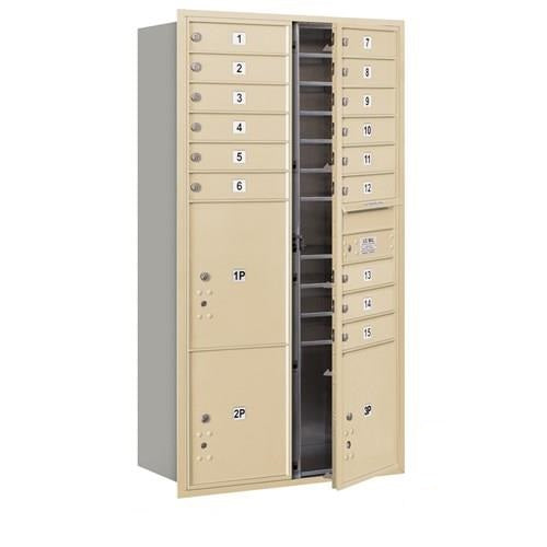 Mailboxes 3716D-15SFP Salsbury Maximum Height Recessed Mounted 4C Horizontal Mailbox with 15 Doors and 3 Parcel Lockers in Sandstone with Private Sccess - Front Loading