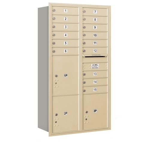 Mailboxes 3716D-15SRP Salsbury Maximum Height Recessed Mounted 4C Horizontal Mailbox with 15 Doors and 3 Parcel Lockers in Sandstone with Private Sccess - Rear Loading