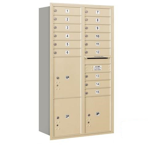 Mailboxes 3716D-15SRU Salsbury Maximum Height Recessed Mounted 4C Horizontal Mailbox with 15 Doors and 3 Parcel Lockers in Sandstone with USPS Sccess - Rear Loading