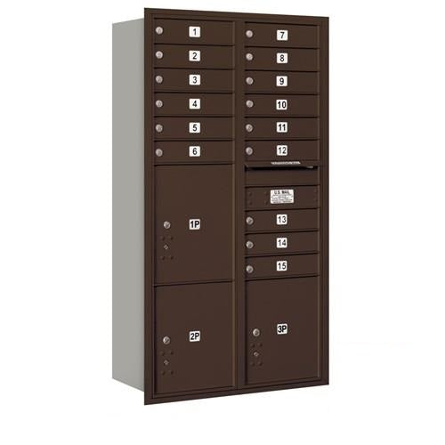 Mailboxes 3716D-15ZRP Salsbury Maximum Height Recessed Mounted 4C Horizontal Mailbox with 15 Doors and 3 Parcel Lockers in Bronze with Private Zccess - Rear Loading