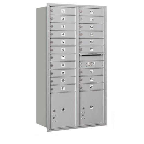 Mailboxes 3716D-20ARU Salsbury Maximum Height Recessed Mounted 4C Horizontal Mailbox with 20 Doors and 2 Parcel Lockers in Aluminum with USPS Access - Rear Loading