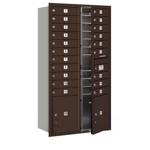 Mailboxes 3716D-20ZFU Salsbury Maximum Height Recessed Mounted 4C Horizontal Mailbox with 20 Doors and 2 Parcel Lockers in Bronze with USPS Zccess - Front Loading