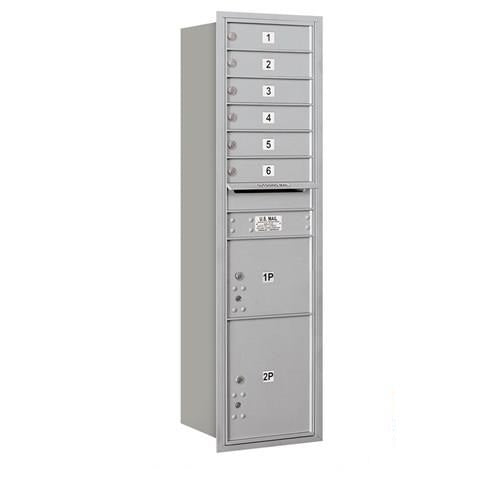 Mailboxes 3716S-06ARU Salsbury Maximum Height Recessed Mounted 4C Horizontal Mailbox with 6 Doors and 2 Parcel Lockers in Aluminum with USPS Access - Rear Loading