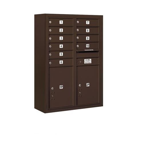 Mailboxes 3811D-10ZFP Salsbury 11 Door High Surface Mounted 4C Horizontal Mailbox with 10 Doors and 2 Parcel Lockers in Bronze with Private Zccess