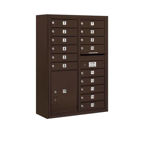 Mailboxes 3811D-15ZFP Salsbury 11 Door High Surface Mounted 4C Horizontal Mailbox with 15 Doors and 1 Parcel Locker in Bronze with Private Zccess