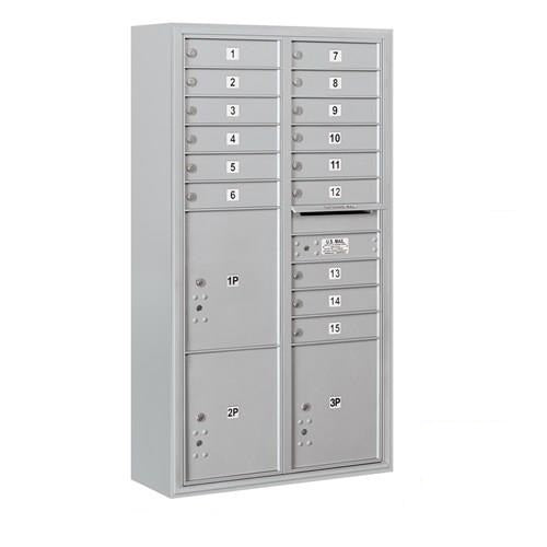 Mailboxes 3816D-15AFP Salsbury Maximum Height Surface Mounted 4C Horizontal Mailbox with 15 Doors and 3 Parcel Lockers in Aluminum with Private Access