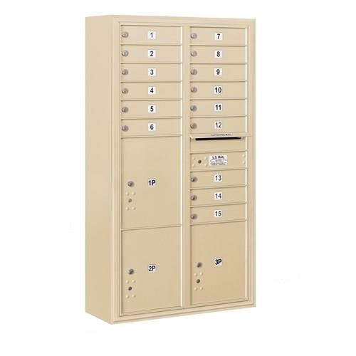 Mailboxes 3816D-15SFP Salsbury Maximum Height Surface Mounted 4C Horizontal Mailbox with 15 Doors and 3 Parcel Lockers in Sandstone with Private Sccess