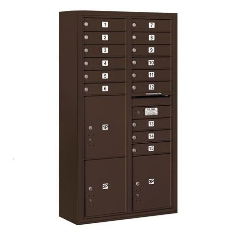 Mailboxes 3816D-15ZFP Salsbury Maximum Height Surface Mounted 4C Horizontal Mailbox with 15 Doors and 3 Parcel Lockers in Bronze with Private Zccess