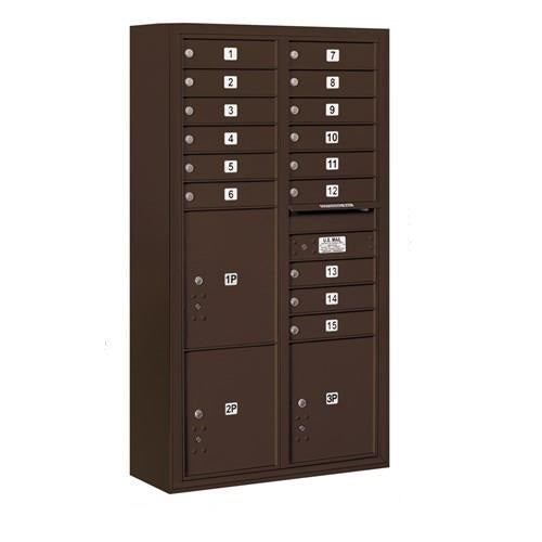 Mailboxes 3816D-15ZFU Salsbury Maximum Height Surface Mounted 4C Horizontal Mailbox with 15 Doors and 3 Parcel Lockers in Bronze with USPS Zccess