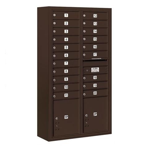 Mailboxes 3816D-20ZFP Salsbury Maximum Height Surface Mounted 4C Horizontal Mailbox with 20 Doors and 2 Parcel Lockers in Bronze with Private Zccess