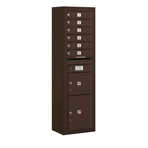 Mailboxes 3816S-06ZFU Salsbury Maximum Height Surface Mounted 4C Horizontal Mailbox with 6 Doors and 2 Parcel Lockers in Bronze with USPS Zccess