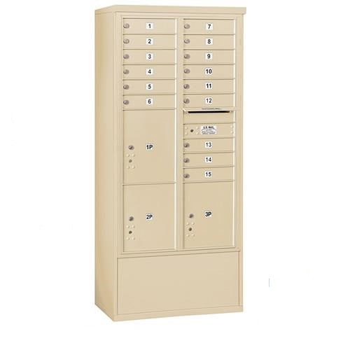 Mailboxes 3916D-15SFP Salsbury Maximum Height Free-Standing 4C Horizontal Mailbox with 15 Doors and 3 Parcel Lockers in Sandstone with Private Sccess