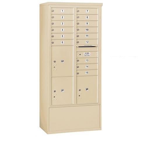 Mailboxes 3916D-15SFU Salsbury Maximum Height Free-Standing 4C Horizontal Mailbox with 15 Doors and 3 Parcel Lockers in Sandstone with USPS Sccess