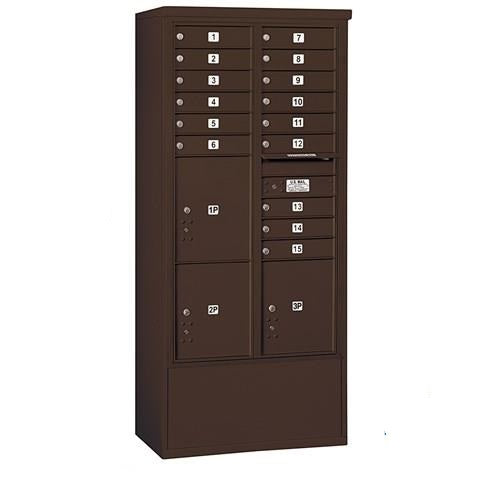 Mailboxes 3916D-15ZFP Salsbury Maximum Height Free-Standing 4C Horizontal Mailbox with 15 Doors and 3 Parcel Lockers in Bronze with Private Zccess