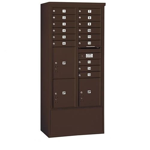 Mailboxes 3916D-15ZFU Salsbury Maximum Height Free-Standing 4C Horizontal Mailbox with 15 Doors and 3 Parcel Lockers in Bronze with USPS Zccess