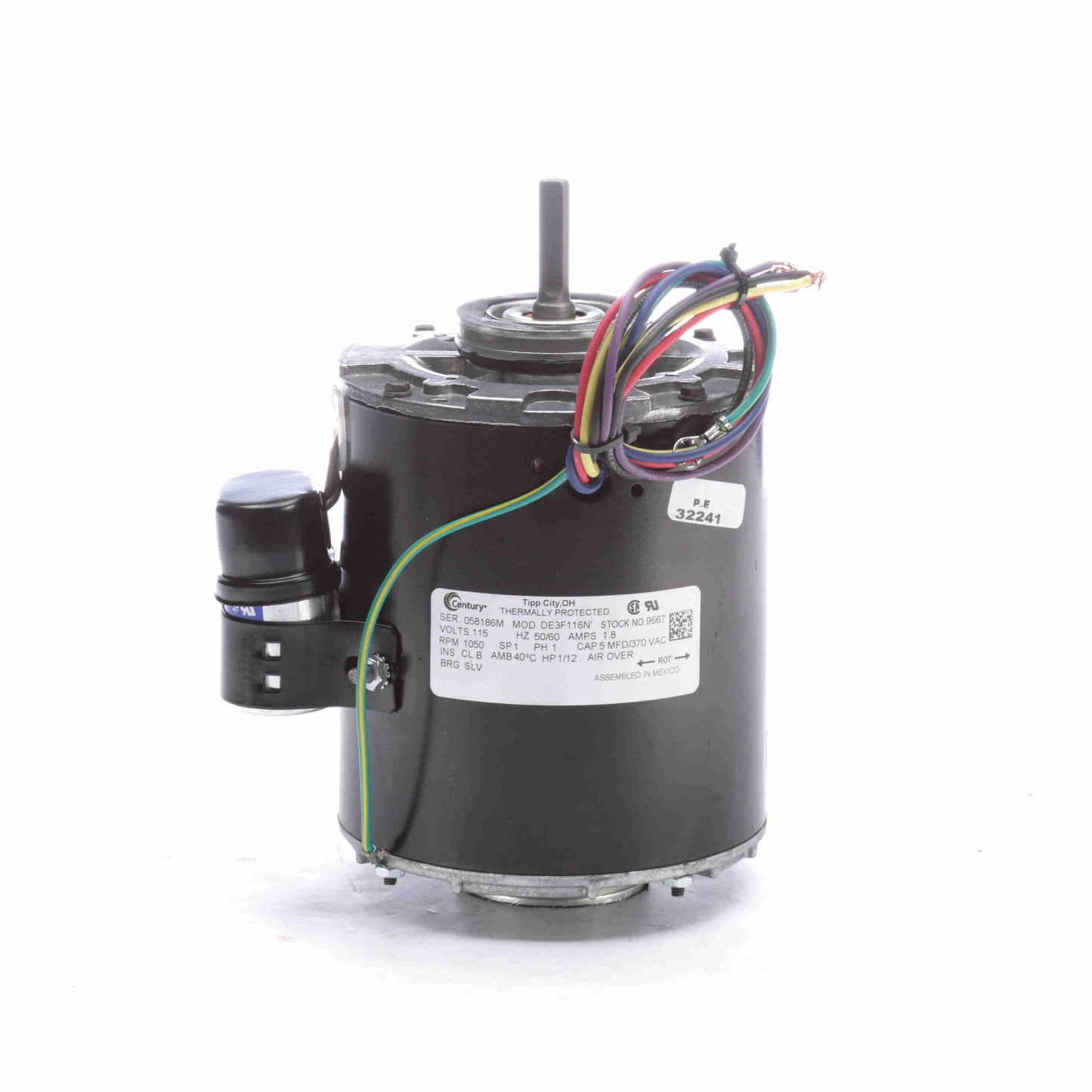 Century Refrigeration Motor, 1/12 HP, 1 Ph, 60/50 Hz, 115 V, 1050 RPM, 1 Speed, 42 Frame, ENCLOSED - 9667