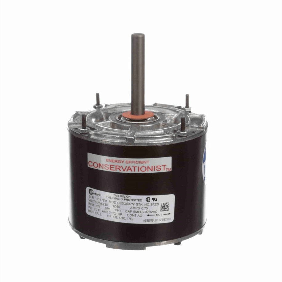 Century MULTIFIT® Condenser Fan Motor, 1/8, 1/10, 1/12 HP, 1 Ph, 60 Hz, 208-230 V, 1075 RPM, 1 Speed, 42 Frame, ENCLOSED - 9722F