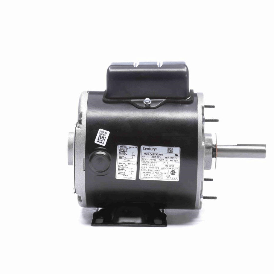 Century Transformer Cooling Fan Motor, 1/4 HP, 1 Ph, 60 Hz, 208-230 V, 1140/950 RPM, 1 Speed, 48 Frame, ENCLOSED - C722A